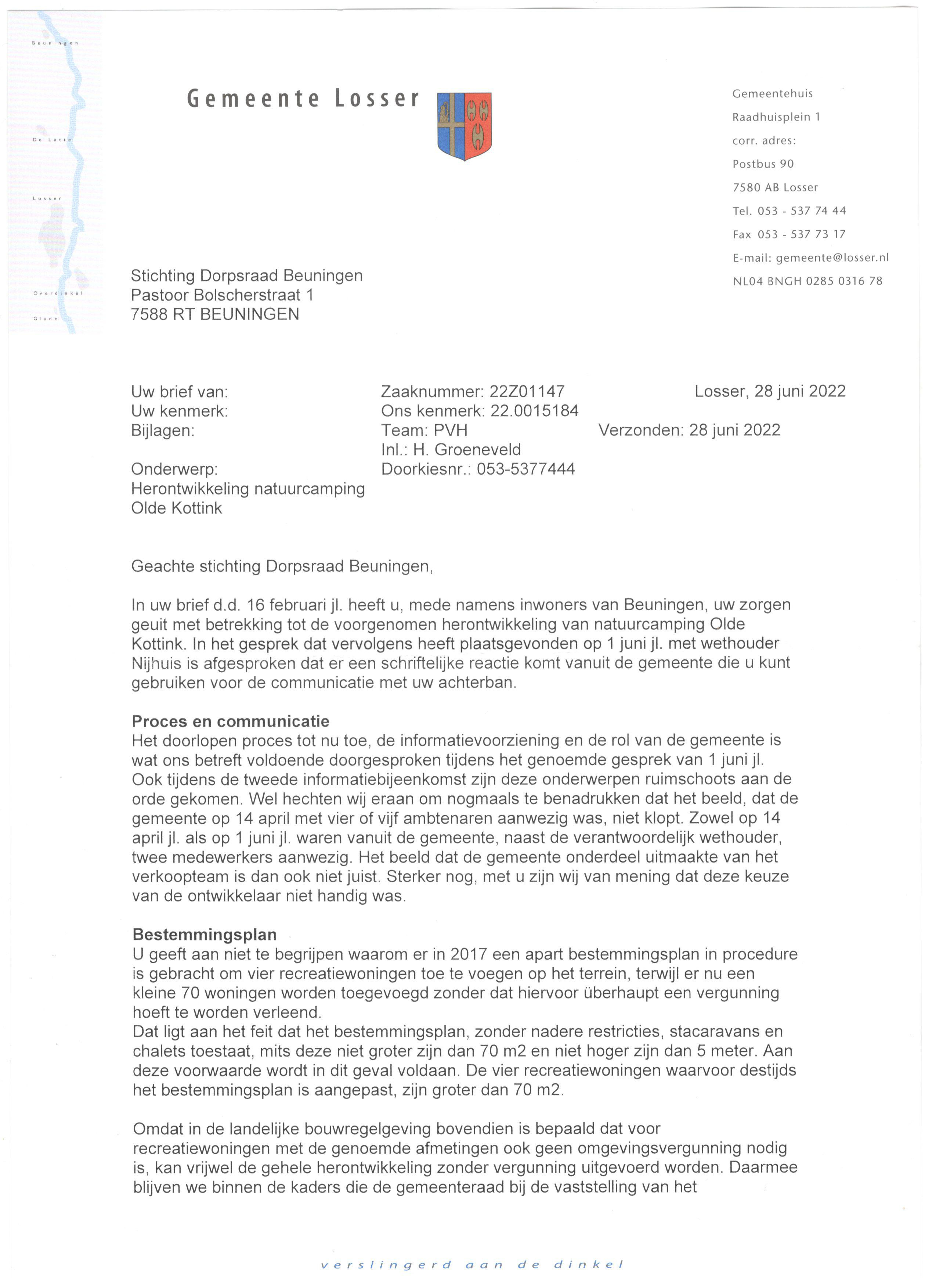 Brief van de gemeente Losser over Olde Kottink 28062022