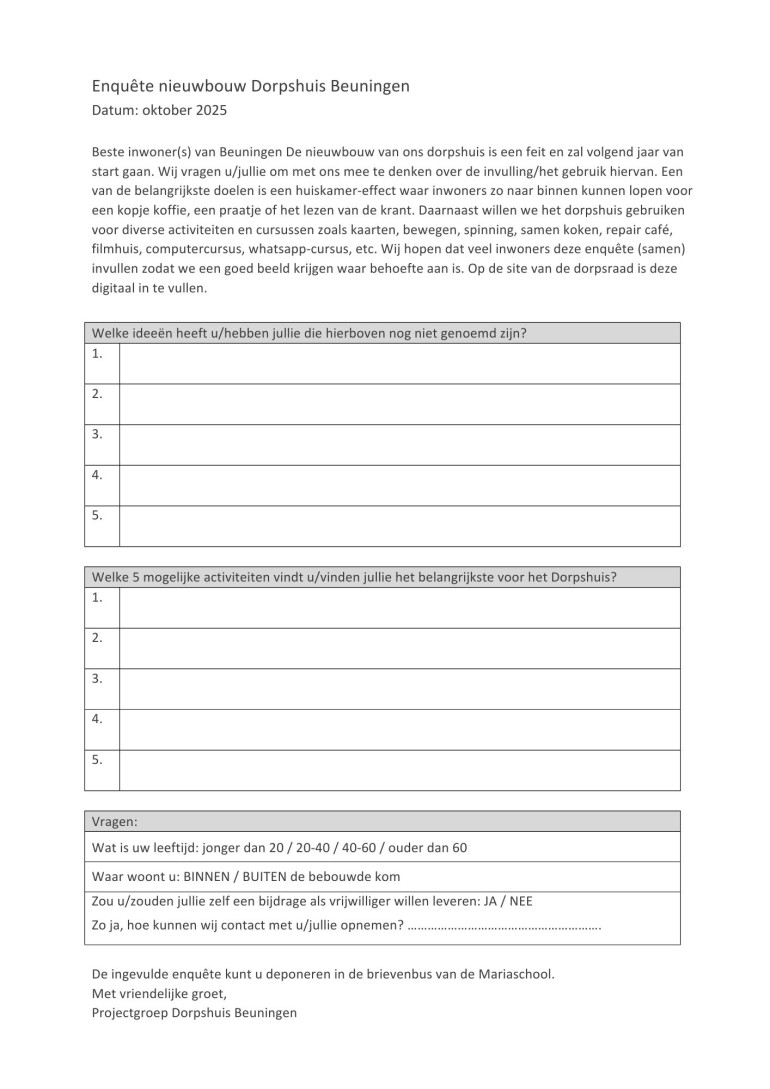 Enquête nieuwbouw Dorpshuis Beuningen